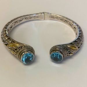 STUNNING BALI DESIGNS 18k, Sterling Silver, blue topaz hinged cuff bracelet